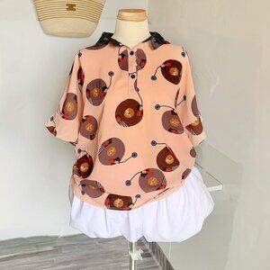 Retro Vinyl Record Print Blouse Bow Collar 🎵